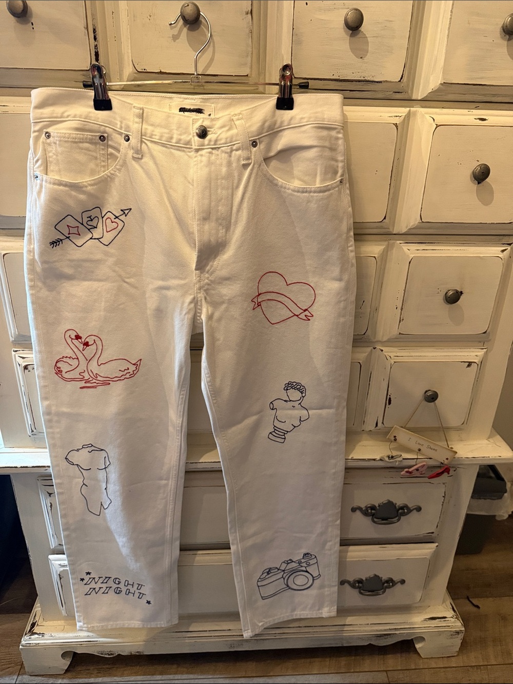 White Embroidered Madewell Women’s  Jeans with Red & Navy Motifs